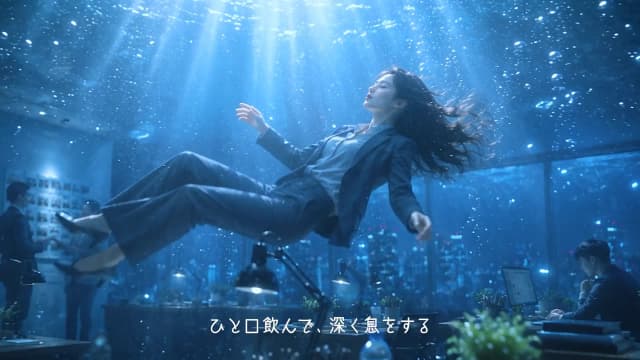 オフィスが水中に変わり、水の中を漂う女性。BLUE JOURNEY のワンシーン