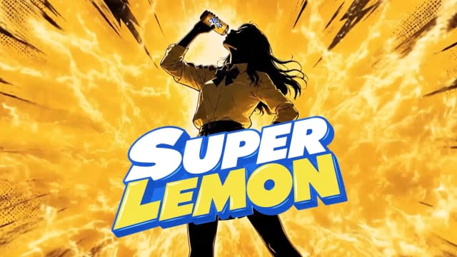 黄色い爆発のような背景で缶飲料を飲み干す女性と SUPER LEMON のロゴ